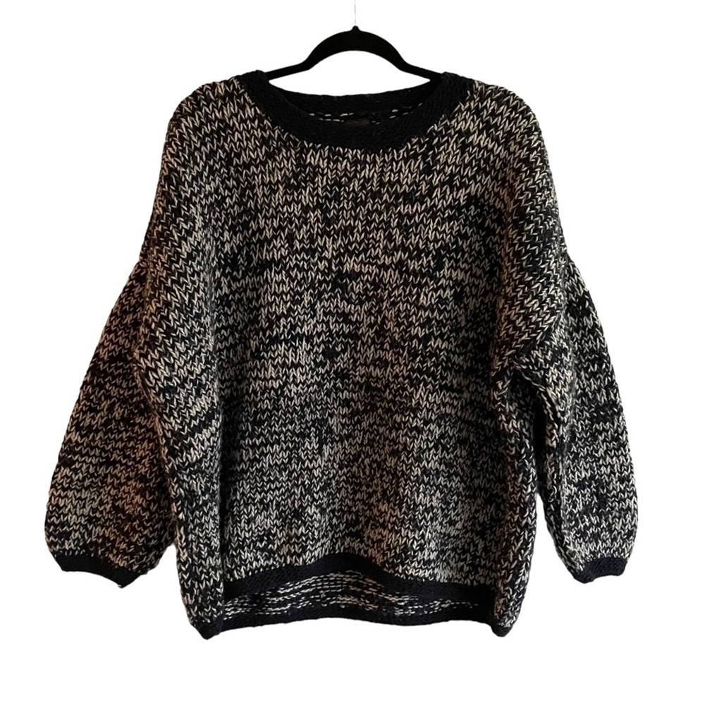 Handmade Ecuador Wool Chunky Knit Oversized Sweater Navy Blue Cream One Size